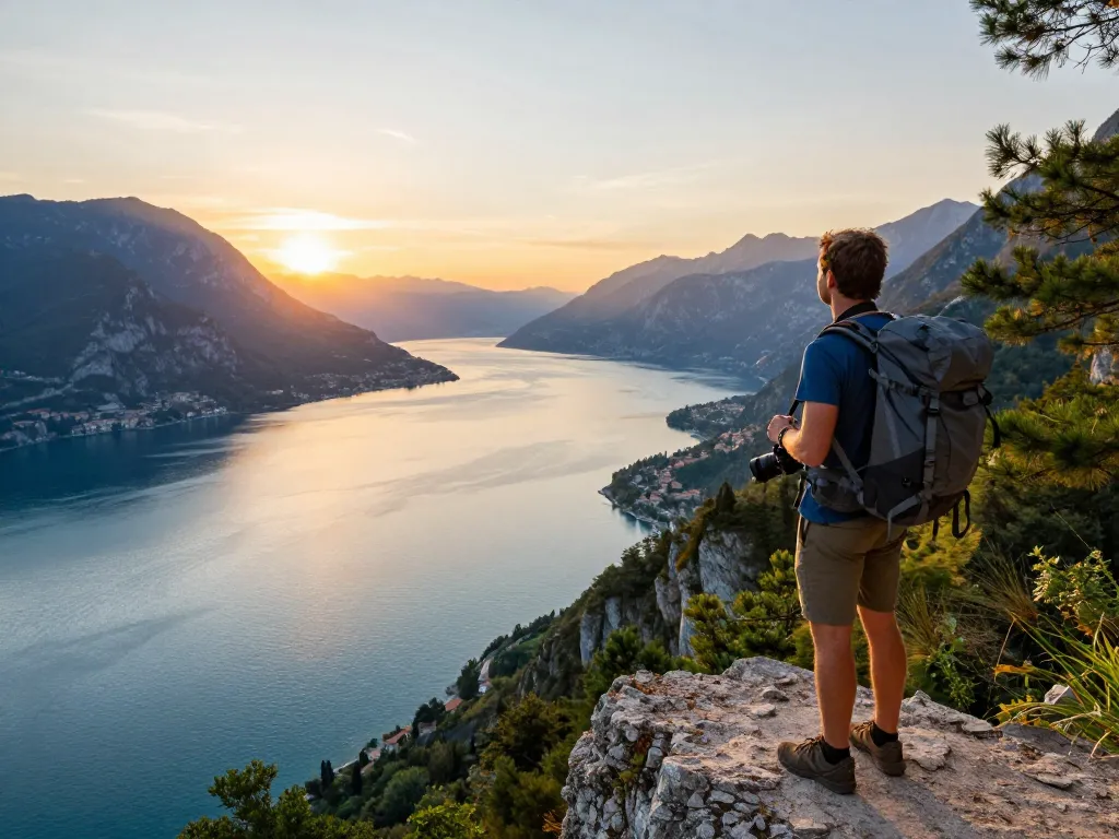 Entdecken Sie Gardasee Reisetipps, während Sie einen Sonnenuntergang über dem Gardasee genießen und das Wesen des Reiseabenteuers einfangen.