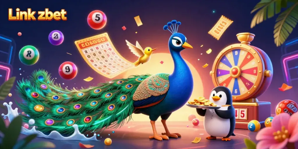 Experience the excitement of gambling with Link zbet as colorful lottery balls and golden rewards burst around a majestic peacock.
