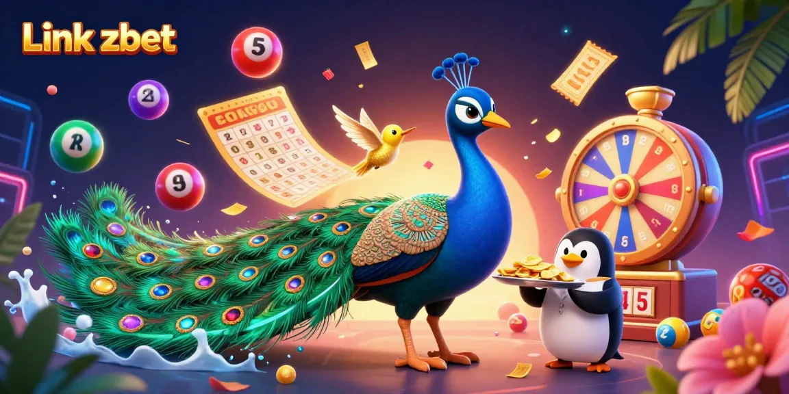 Experience the excitement of gambling with Link zbet as colorful lottery balls and golden rewards burst around a majestic peacock.