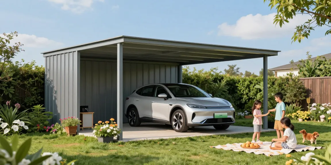 Moderne Carport-Architektur in einem schönen Garten mit einem geparkten Auto und einer Familie, die den sonnigen Tag genießt.