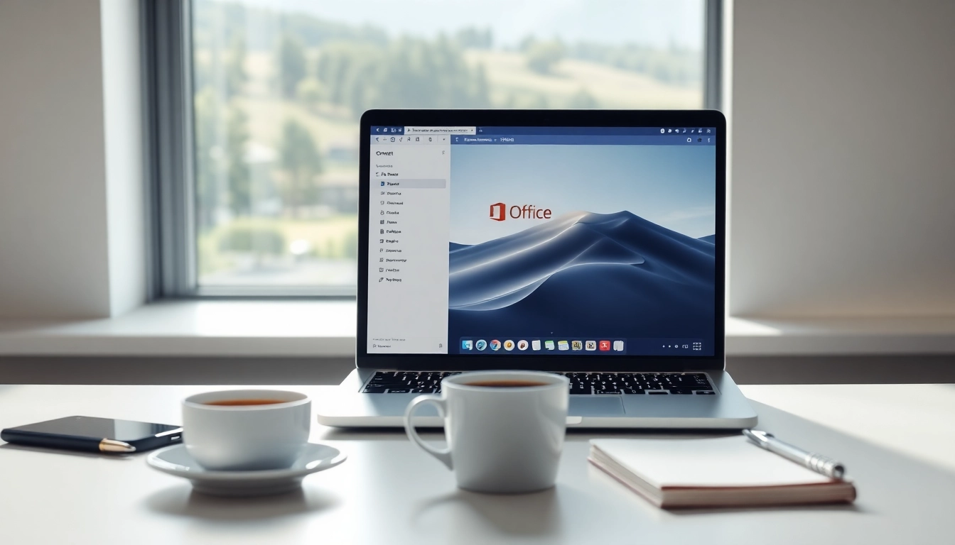 Office 2024 für Apple Mac kaufen – Modern workspace featuring an Apple MacBook and coffee.