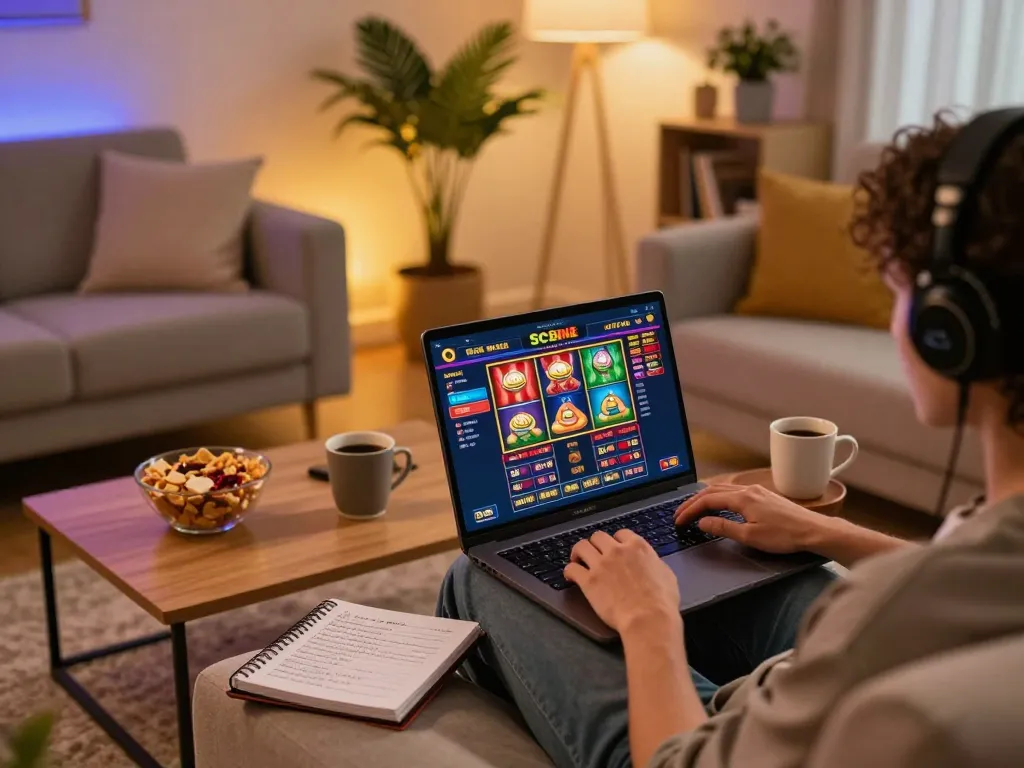 Person enjoying online casino games on Trang chủ SC88 from a cozy home setup, laptop displaying slots interface.