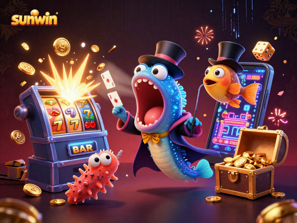 Engage in thrilling gameplay with sunwin’s vibrant 3D casino illustration featuring unique characters and jackpot elements.