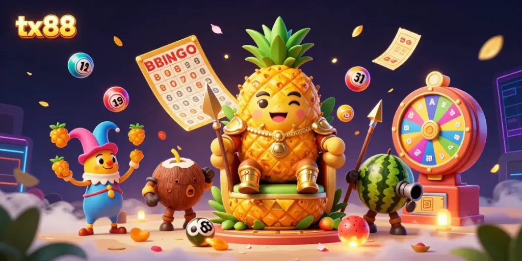 Engage with the vibrant scene of tx 88 featuring a golden pineapple king and dynamic lottery elements in an online casino.