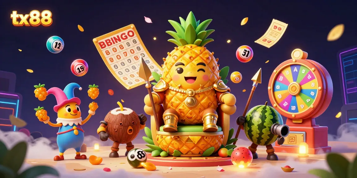 Engage with the vibrant scene of tx 88 featuring a golden pineapple king and dynamic lottery elements in an online casino.
