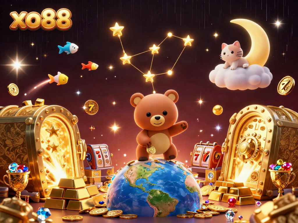 Experience the magic at xo88 with a constellation bear and vibrant gold treasures in a dynamic casino scene.