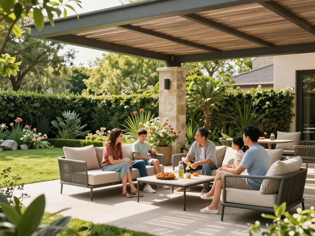Familie genießt einen gemütlichen Nachmittag im Freien unter einer stilvollen Terrassenüberdachung.