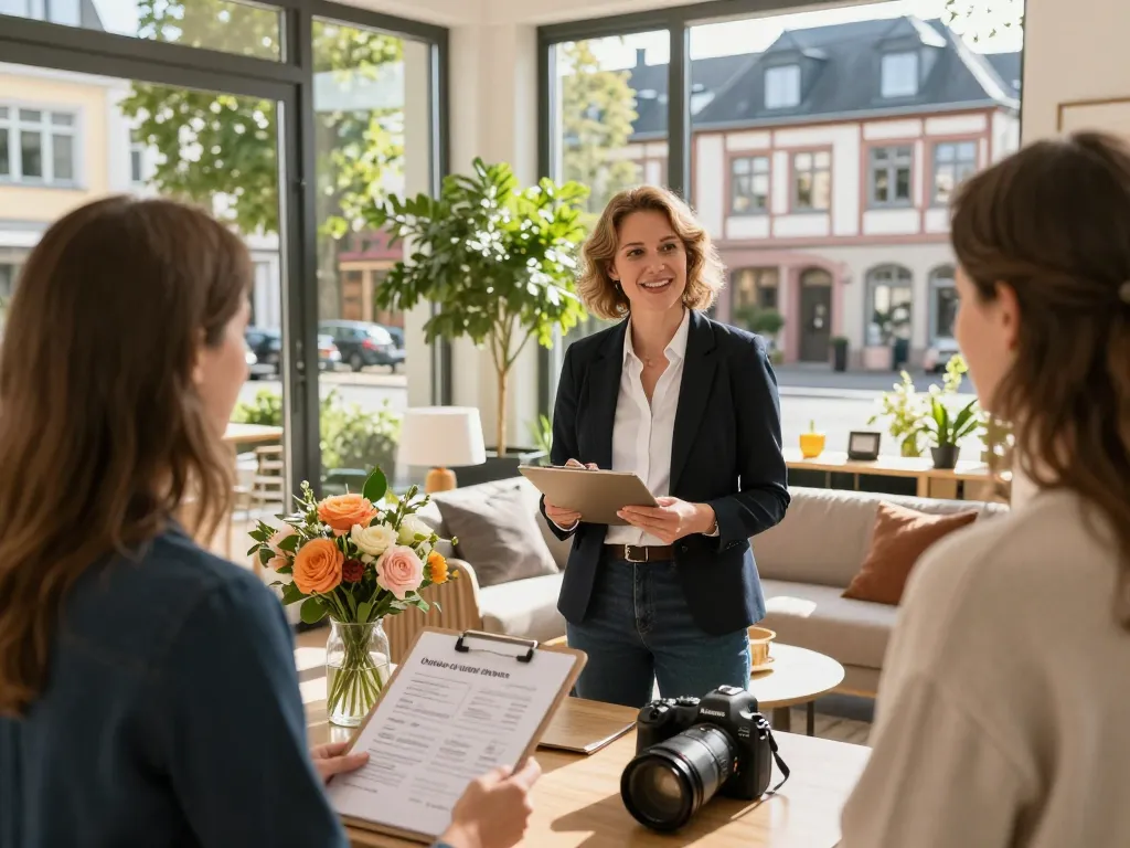 Fesselnde Szene mit Immobilienmakler Frankfurt Dornbusch, der charmante Immobilien während einer sonnigen Open-House-Veranstaltung präsentiert.