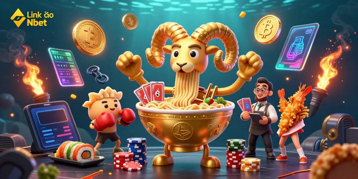 Engage with Link vào Nbet in this vibrant 3D scene featuring culinary characters and crypto elements.