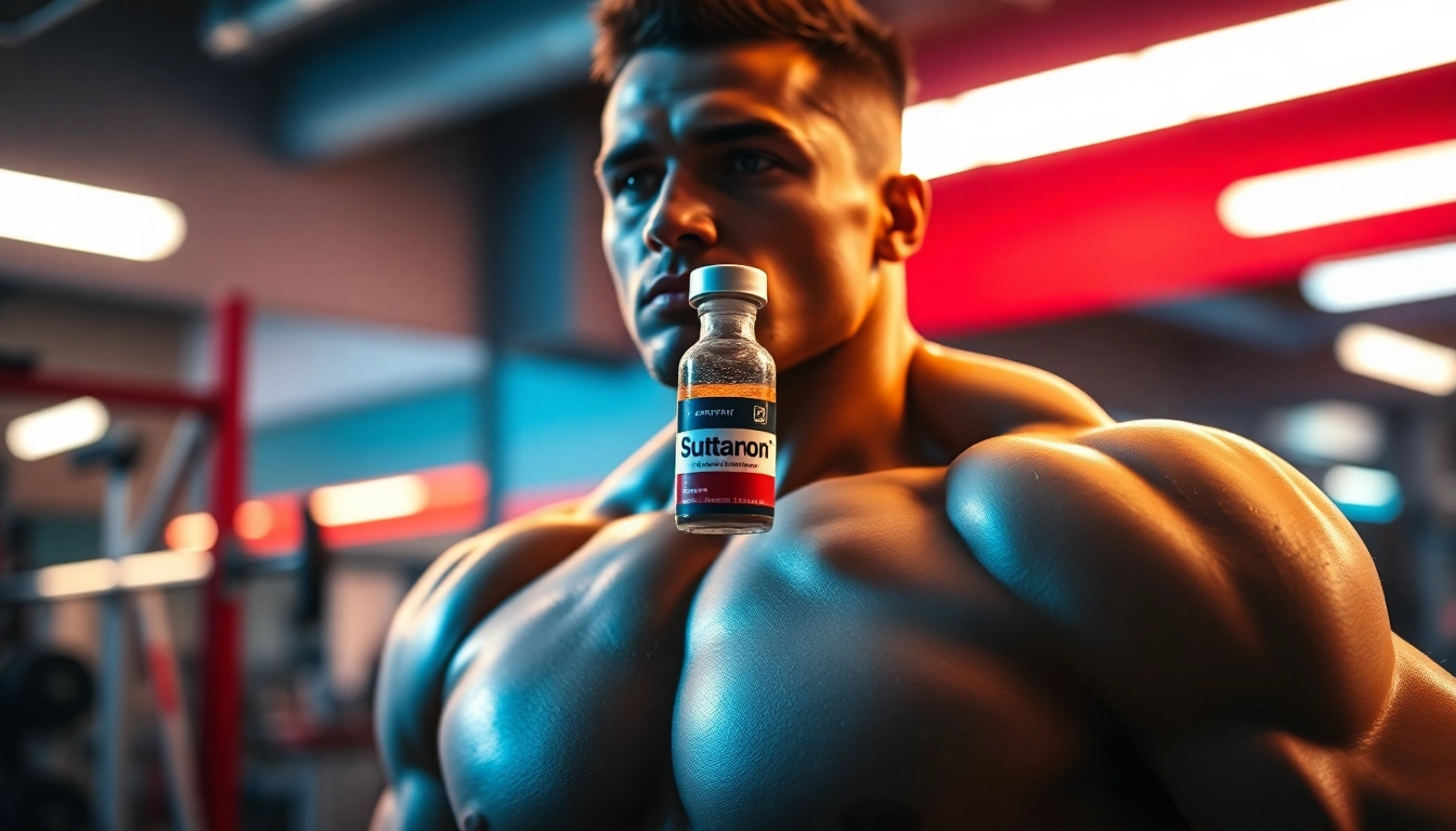Sustanon kaufen – Athlet zeigt muskulöse Figur mit Fokus auf einem Vial im Fitnessstudio.