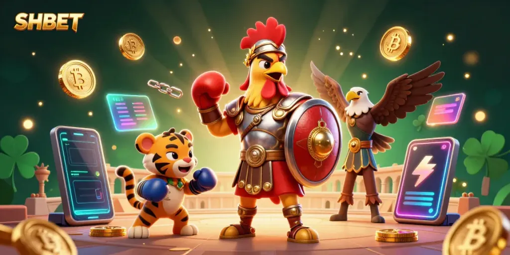 Experience the excitement of SHBET with a cartoon gladiator rooster amidst a vibrant casino atmosphere