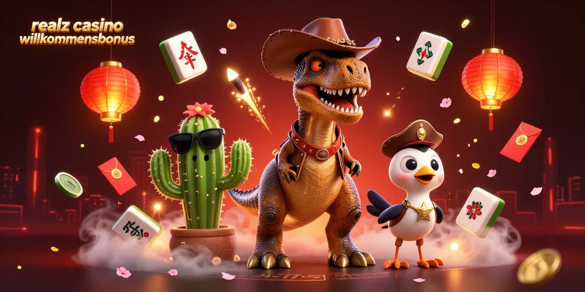 Erleben Sie den Realz Casino Willkommensbonus mit 3D-Charakteren in einer dynamischen Casino-Szene.