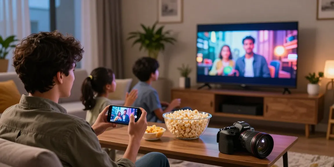 Family enjoying FilmyZilla streaming on mobile and TV, vibrant living room setting.