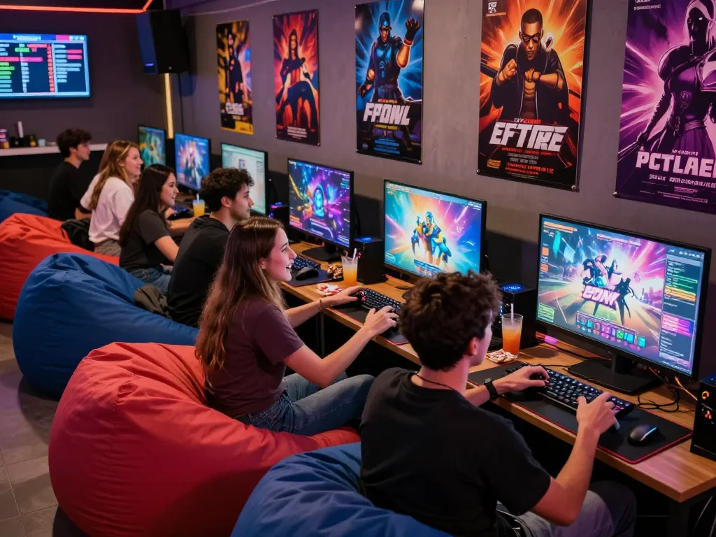 Social gaming scene showcasing players enjoying a free sex game in a vibrant lounge.