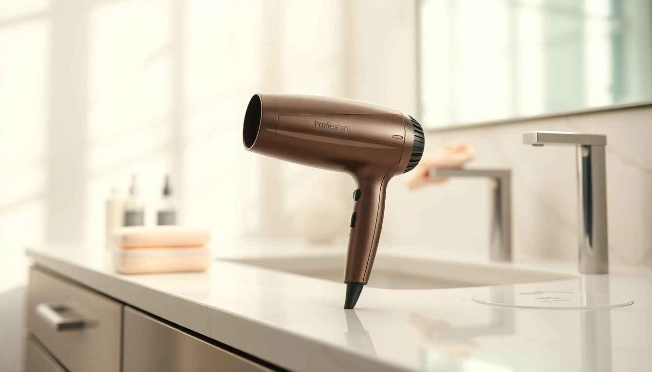 Haartrockner laifen swift auf modernem Schminktisch präsentiert seine elegante Verarbeitung.