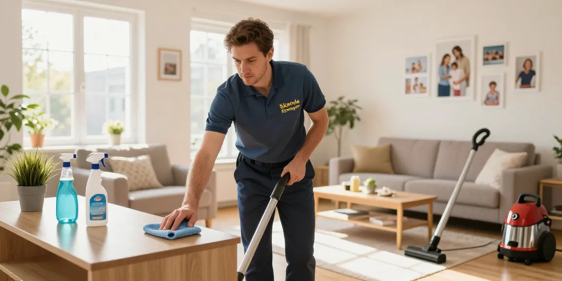 Professional cleaner from reinigungsfirmen bern dusting a bright living room, showcasing meticulous home cleaning services.