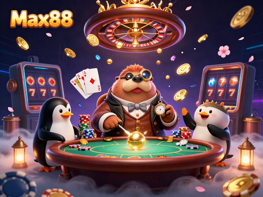 Experience thrilling gaming at Max88 with a jovial walrus and friends at an underwater poker table.