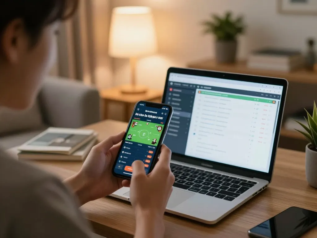 Bet on kèo bóng đá ngày mai using a smartphone and laptop in a cozy home environment