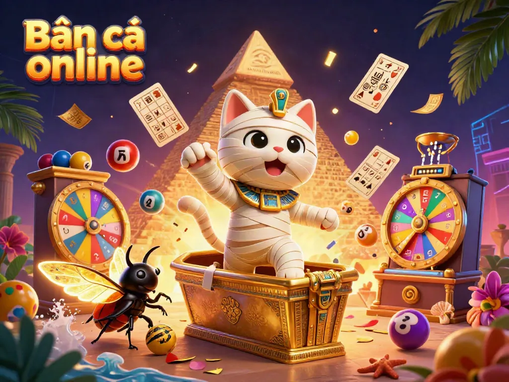 Experience Bắn cá online with a dynamic 3D scene of a mummy cat and glowing scarab amidst vibrant casino elements.