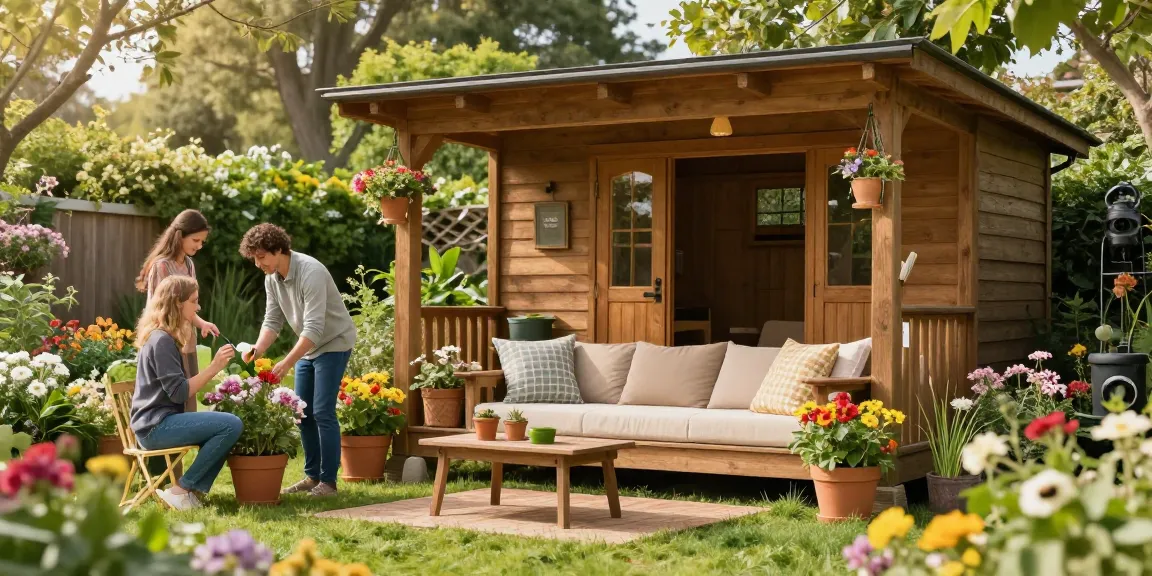 Gartenhäuser mit blühenden Pflanzen und entspannten Paar im Garten.