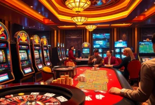 Experience the thrill of winning at vswin with vibrant casino visuals of slot machines and gaming tables.