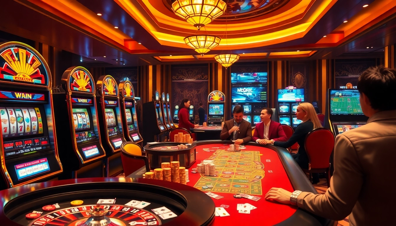 Experience the thrill of winning at vswin with vibrant casino visuals of slot machines and gaming tables.