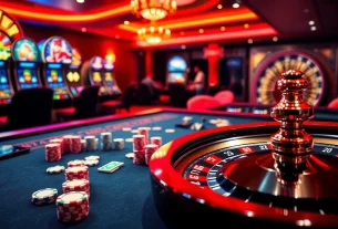 Exciting casino scene showcasing an nv casino table with vibrant poker chips and slot machines.