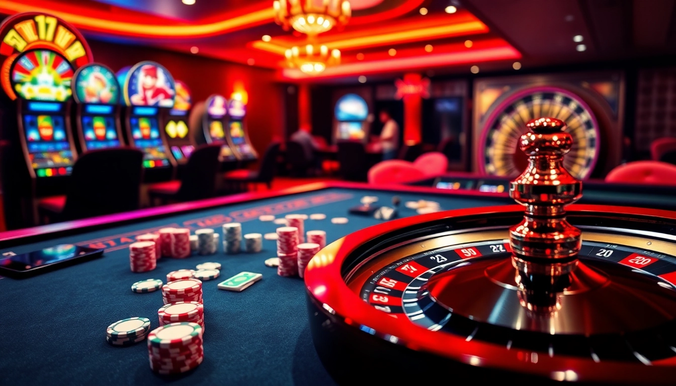 Exciting casino scene showcasing an nv casino table with vibrant poker chips and slot machines.