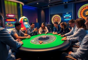 Excited players enjoying poker at HM88 casino with vibrant betting chips and neon slot machines.