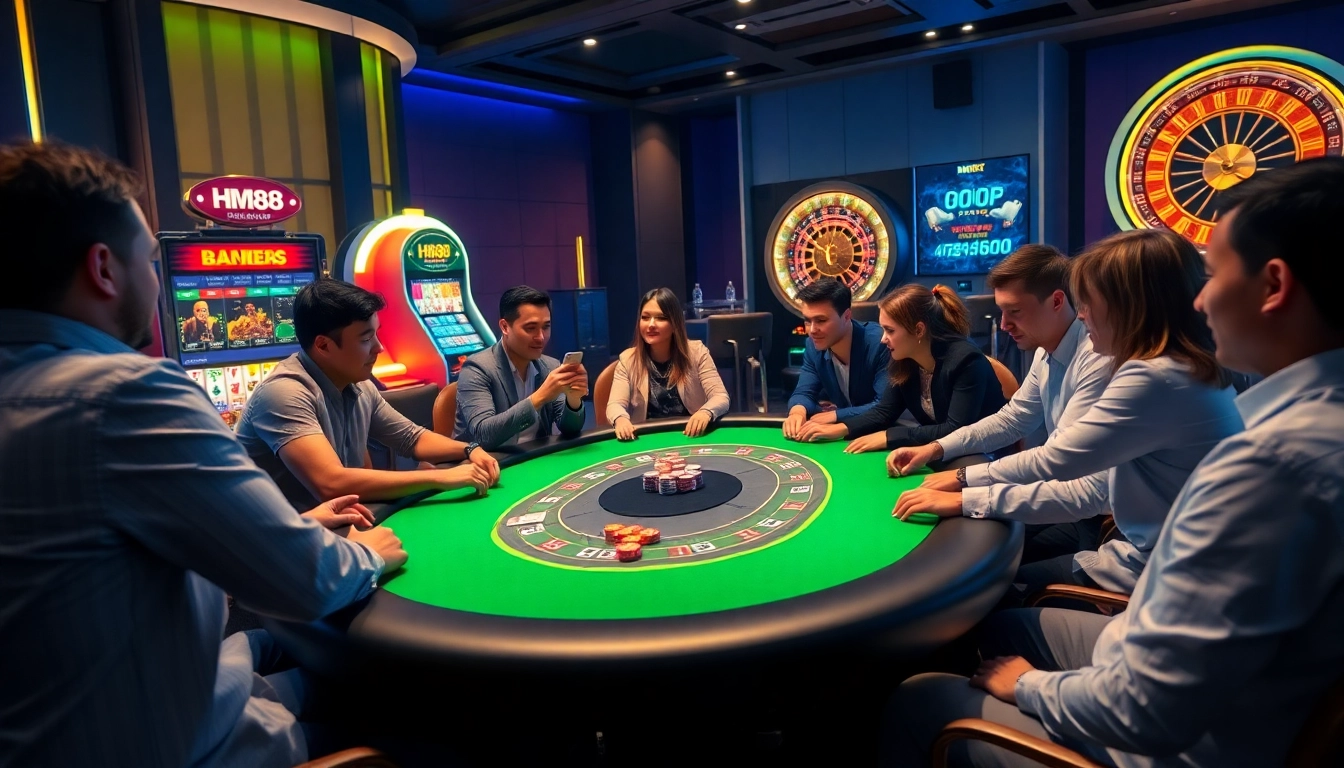 Excited players enjoying poker at HM88 casino with vibrant betting chips and neon slot machines.