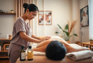 젊은 치료사가 전문 가정 마사지 서비스를 제공하는 평택출장마사지 세션의 몰입감 있는 모습.