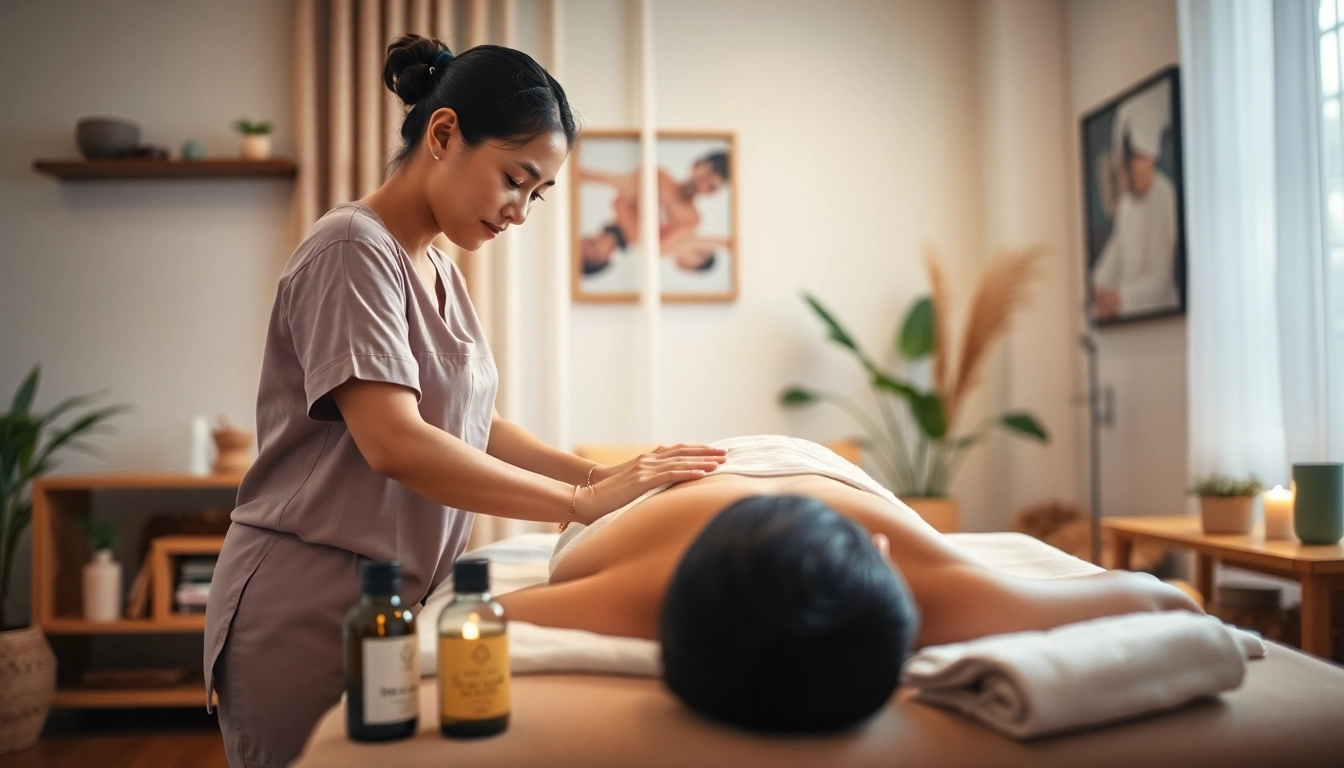 젊은 치료사가 전문 가정 마사지 서비스를 제공하는 평택출장마사지 세션의 몰입감 있는 모습.