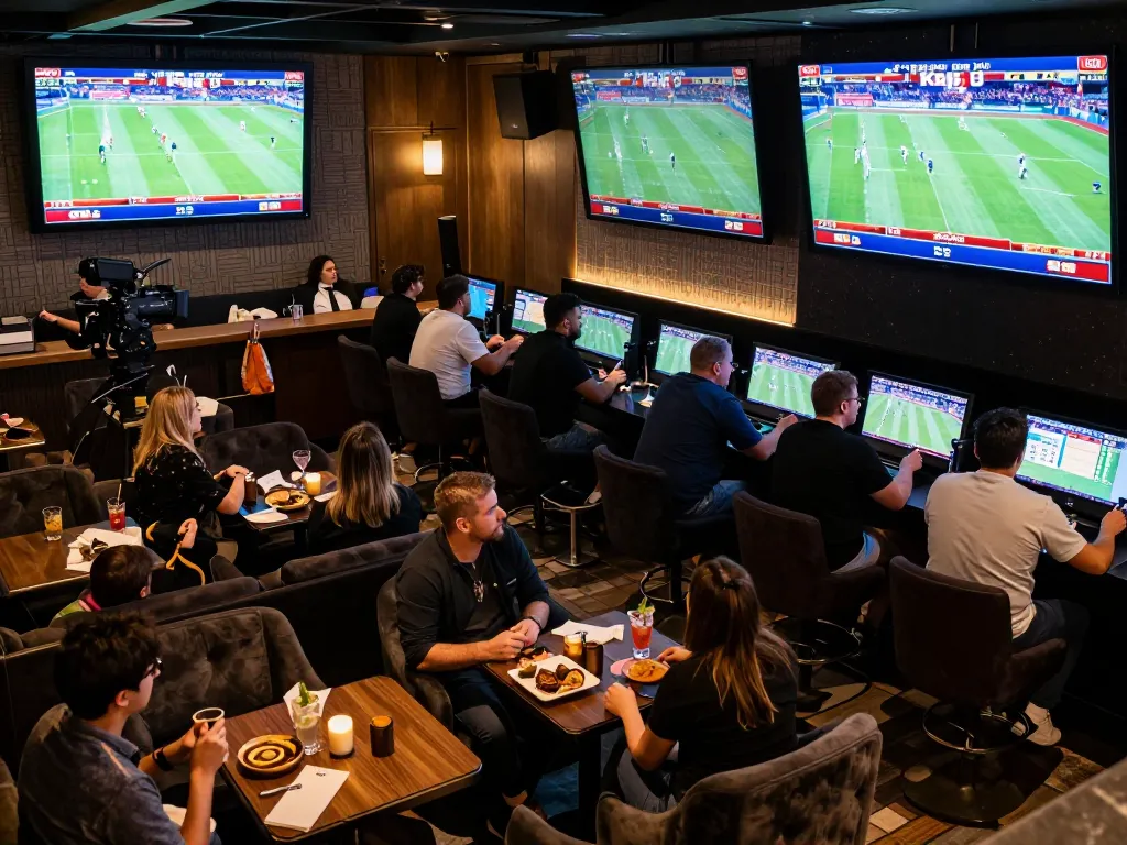 Live sports fans monitoring kqbd scores in an upscale betting lounge, cheering for their teams.