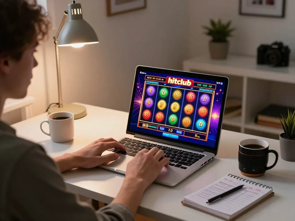Player engaging with hitclub online slot game from the comfort of home, laptop screen showing a winning spin
