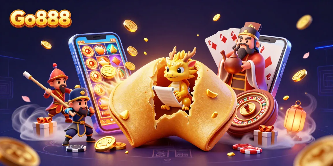 Experience the thrill of Go888 with a captivating scene of casino magic, featuring a golden fortune cookie and gaming elements.